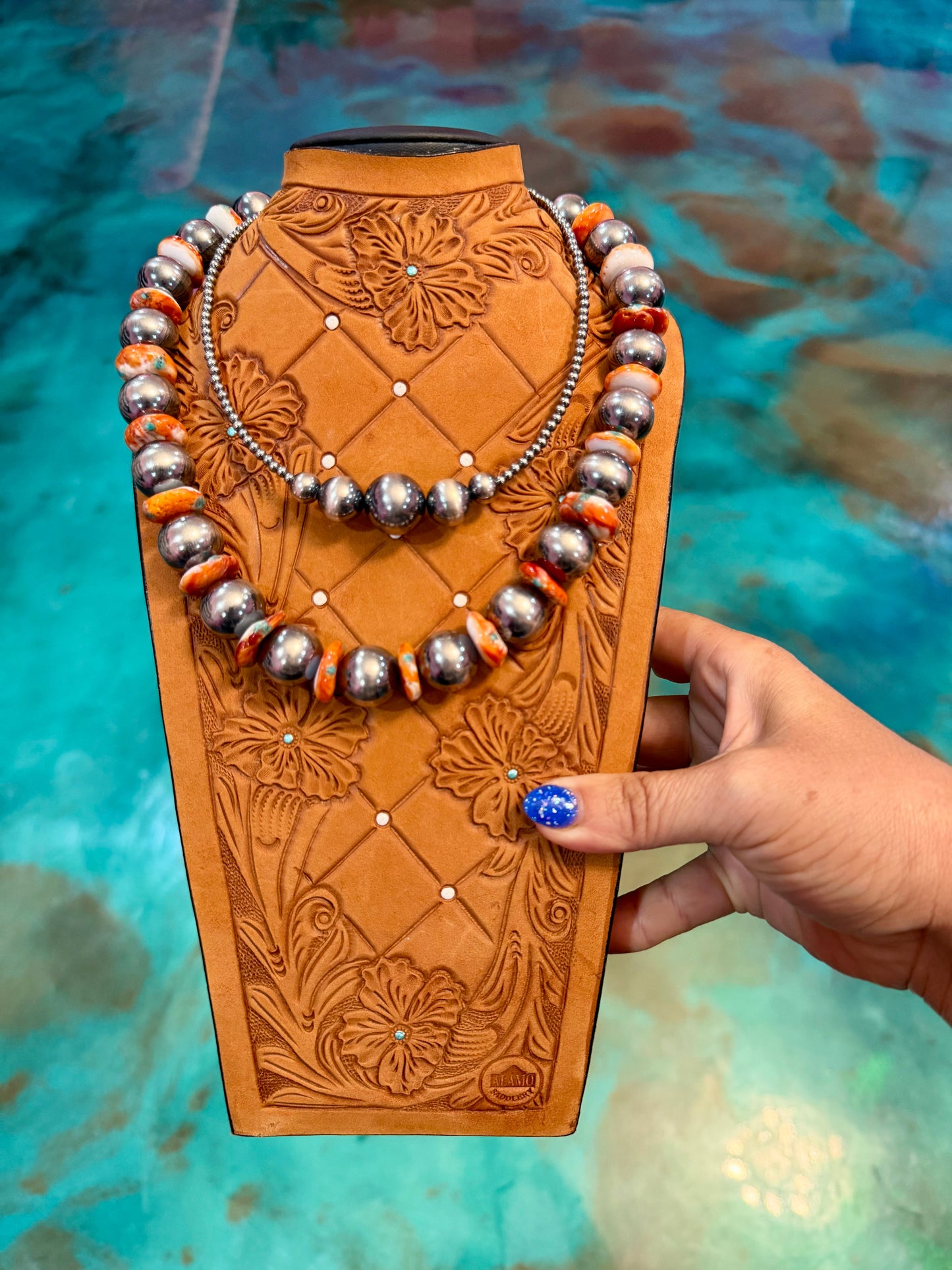 Jaci Orange Spiny Oyster, Turquoise Inlay & Sterling Silver Pearl Necklace β Pick Your Favorite