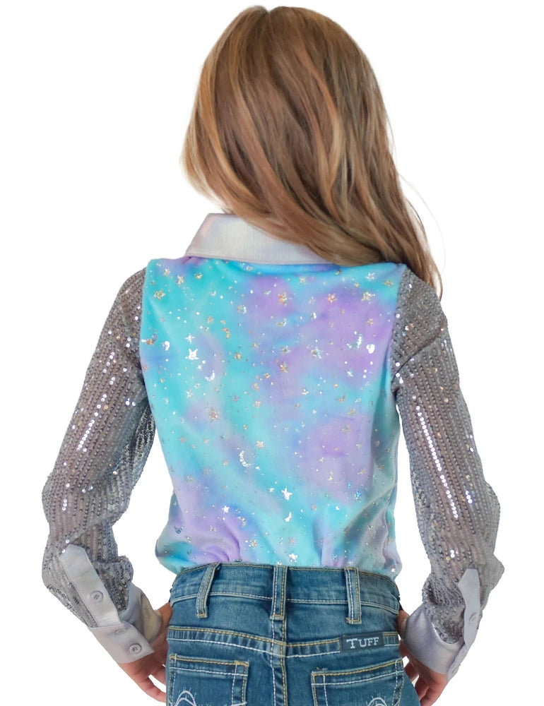 Cowgirl Tuff Girls Purple & Teal Tie Dye Velor with Silver Stars Sparkles Pullover Button Up