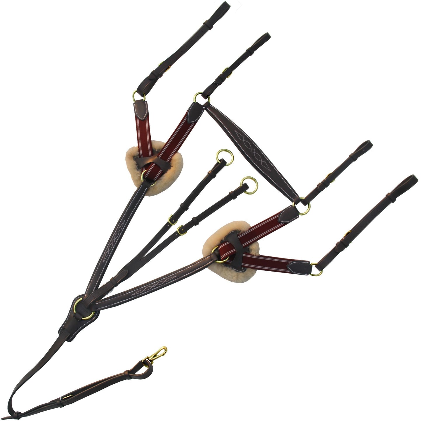 ExionPro Five Point Breastplate with Running Attachment and Sheepskin Fur Padding - Burgundy Elastic & White Strips