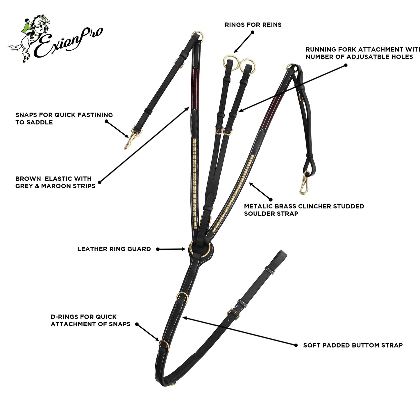 ExionPro Brass Clinchered Padded Breastplate with Running Attachment - Matching Elastic