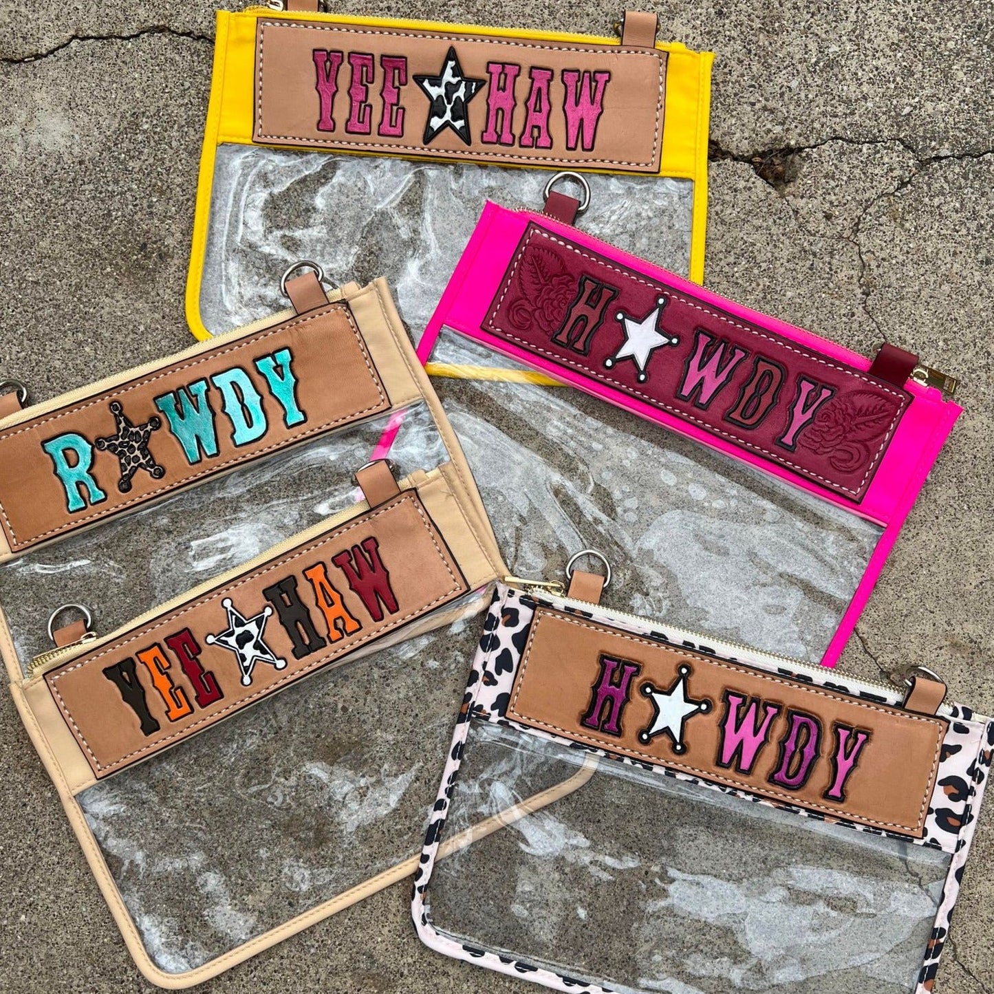Howdy/Rowdy Clear/Stadium leather tooled bag (WITHOUT strap)