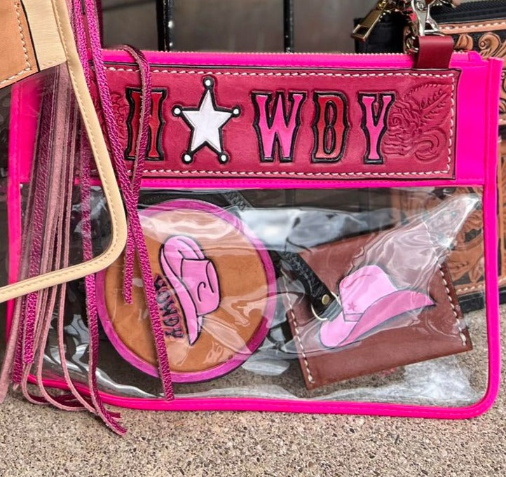 Howdy/Rowdy Clear/Stadium leather tooled bag (WITHOUT strap)