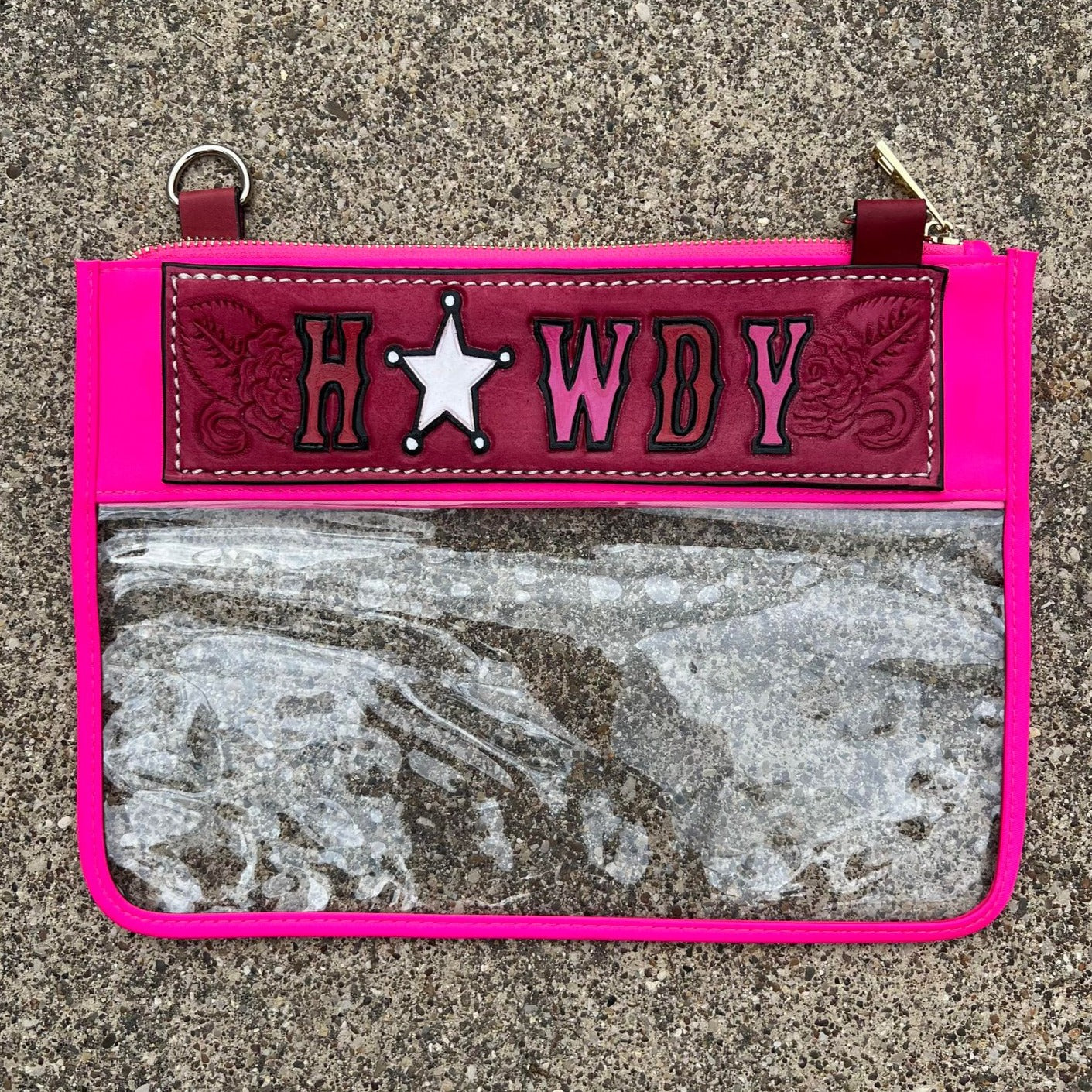 Howdy/Rowdy Clear/Stadium leather tooled bag (WITHOUT strap)
