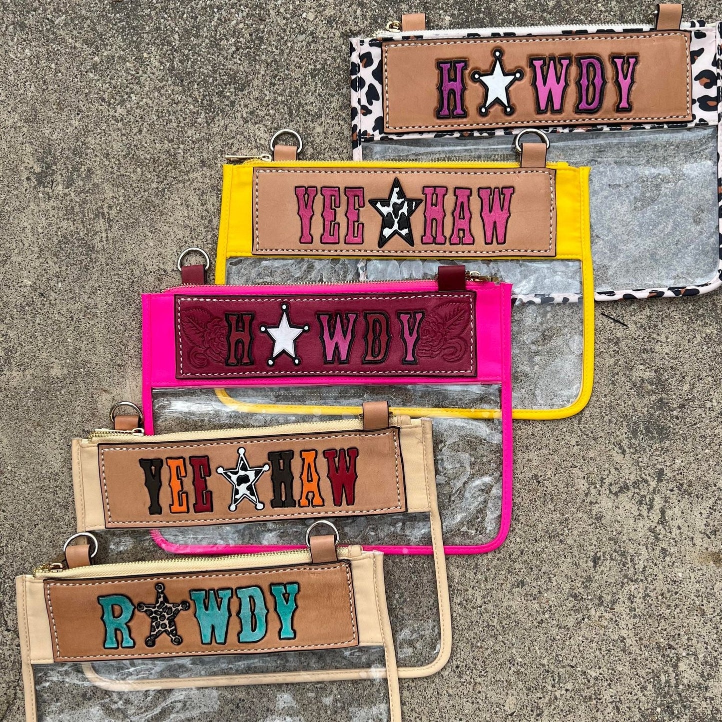 Howdy/Rowdy Clear/Stadium leather tooled bag (WITHOUT strap)