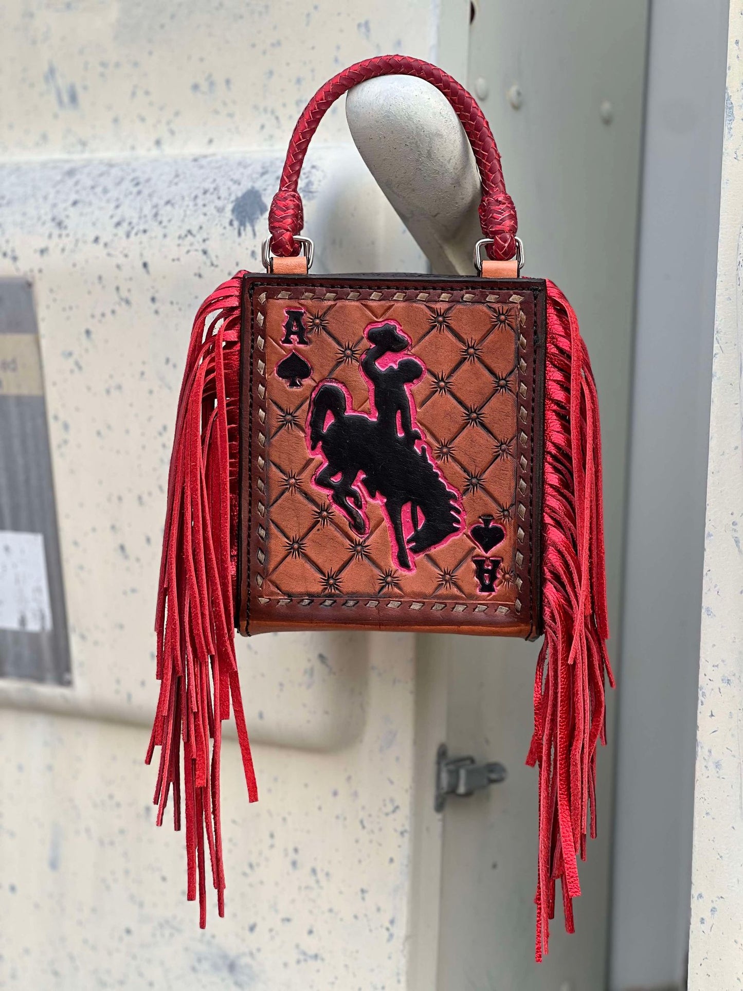 Card Handbag- Red Bronc Rider FRINGE