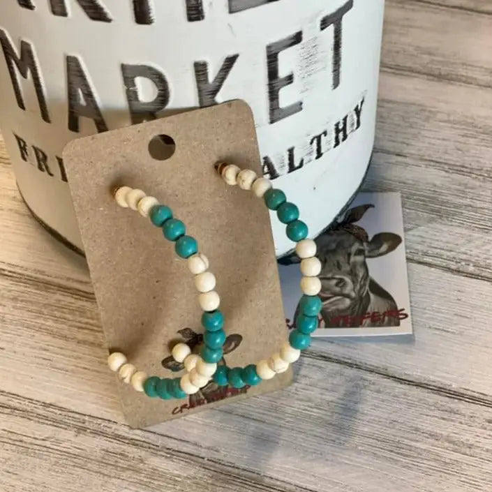 Stone Bead Hoop Earrings-Turquoise/Ivory