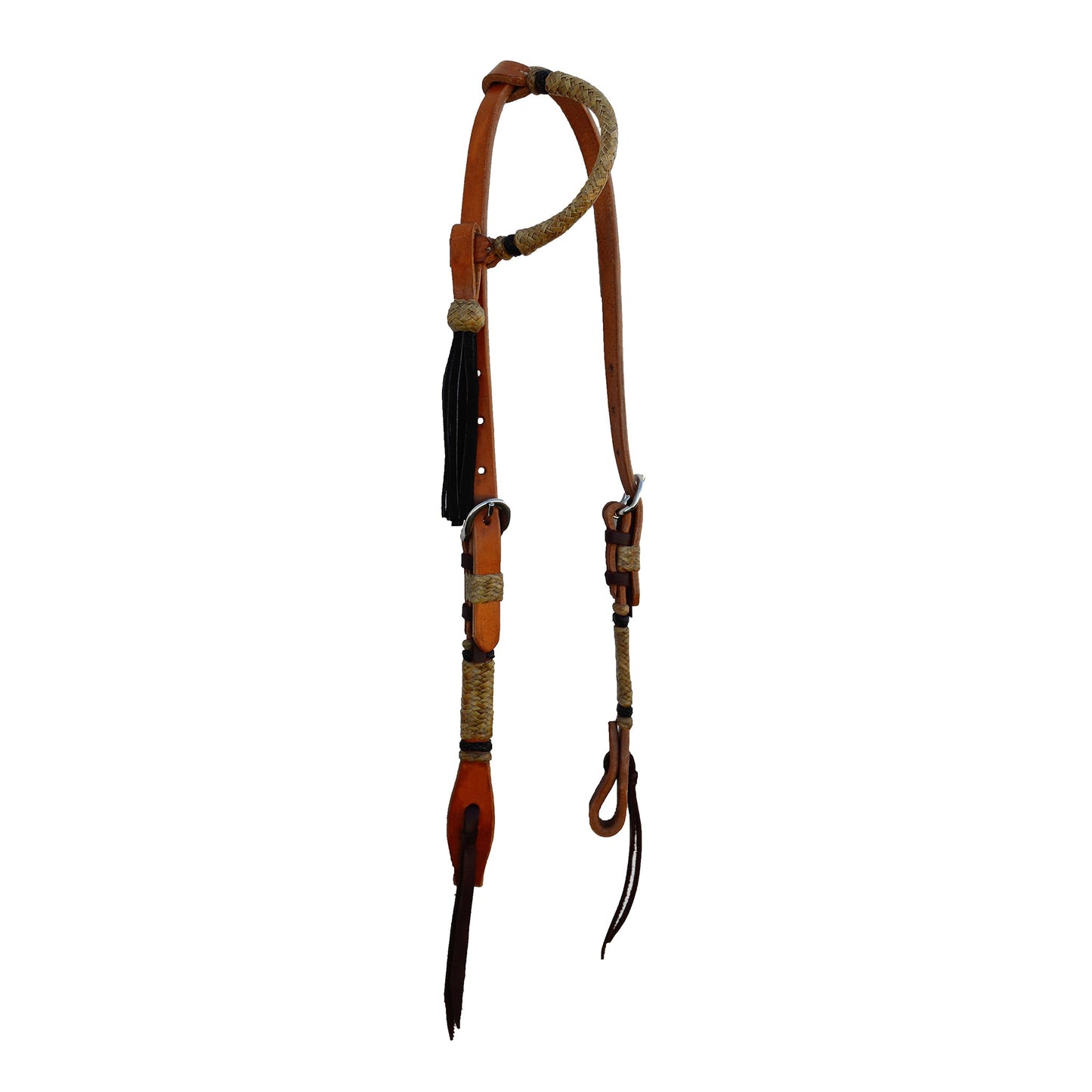 2071-HBI 5/8" Round one ear headstall harness leather rawhide and black braided stripes with braided loops and tassel
