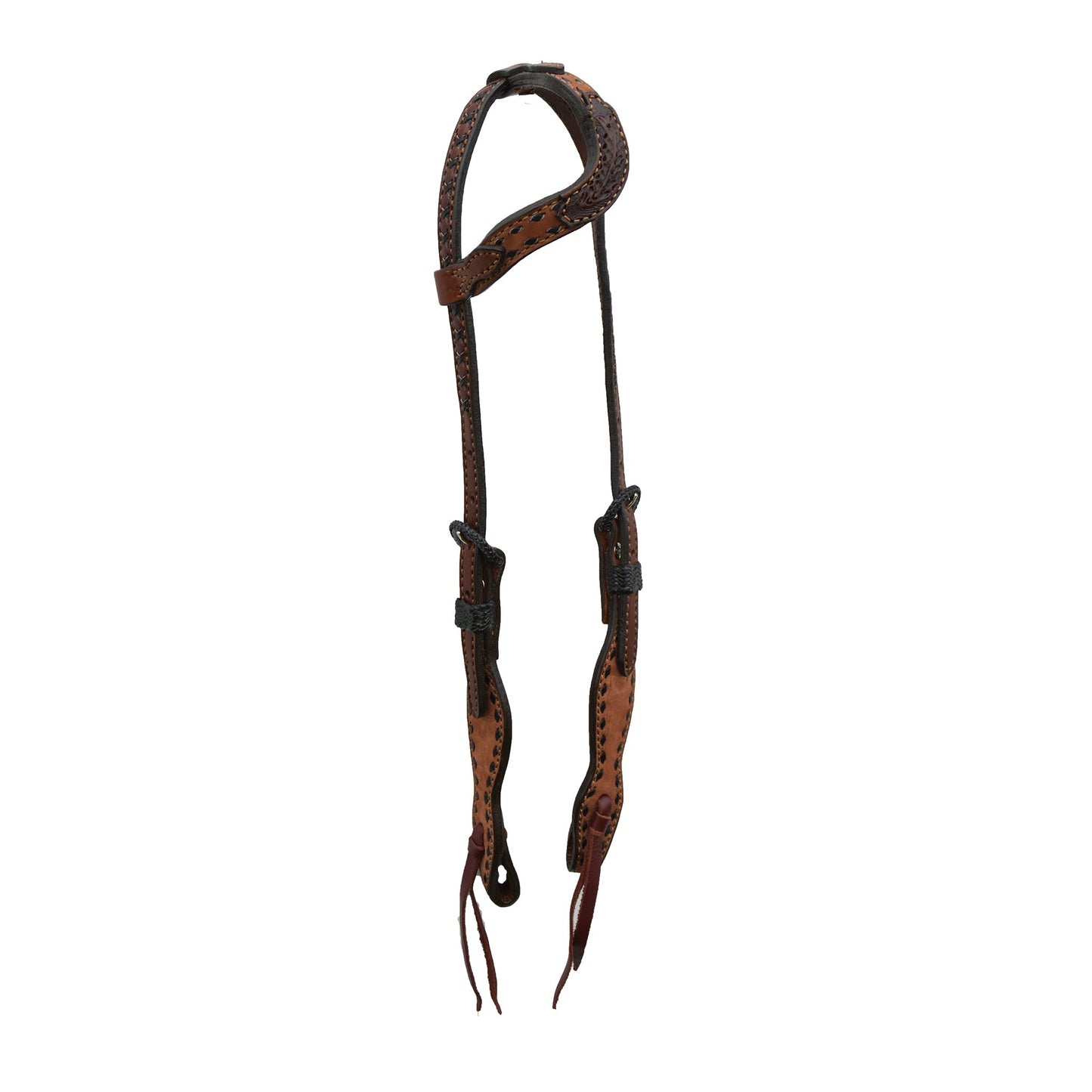 2074-AO 5/8" Wave one ear headstall rough out toast leather with tooled patch, buckstitch, braided loops, and Spanish lace hardware