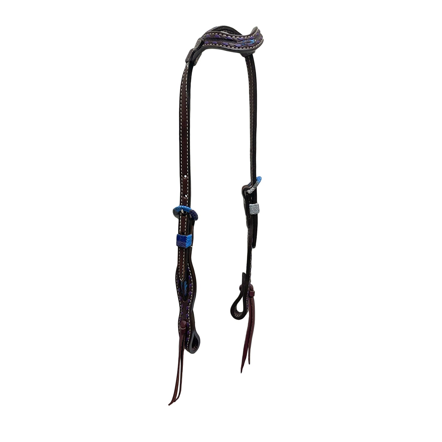 2074-FEATHER 5/8" Wave one ear headstall chocolate leather multicolored feather tooled with buckstitch, multicolored Spanish lace hardware, and loops