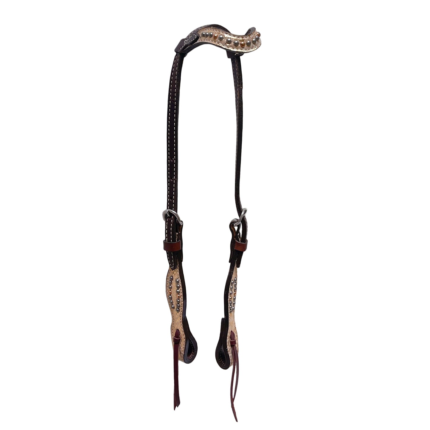 2074-MYSTIC 5/8" Wave one ear headstall chocolate leather mystic overlay with spots