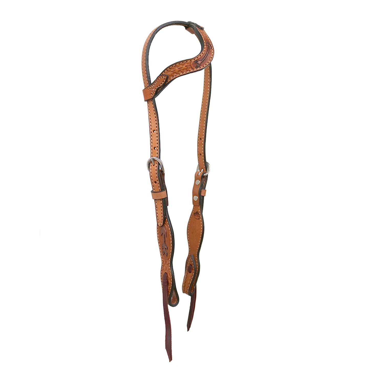 2074-RA 5/8" Wave one ear headstall golden leather geo/basket cross tooling with copper painted arrows