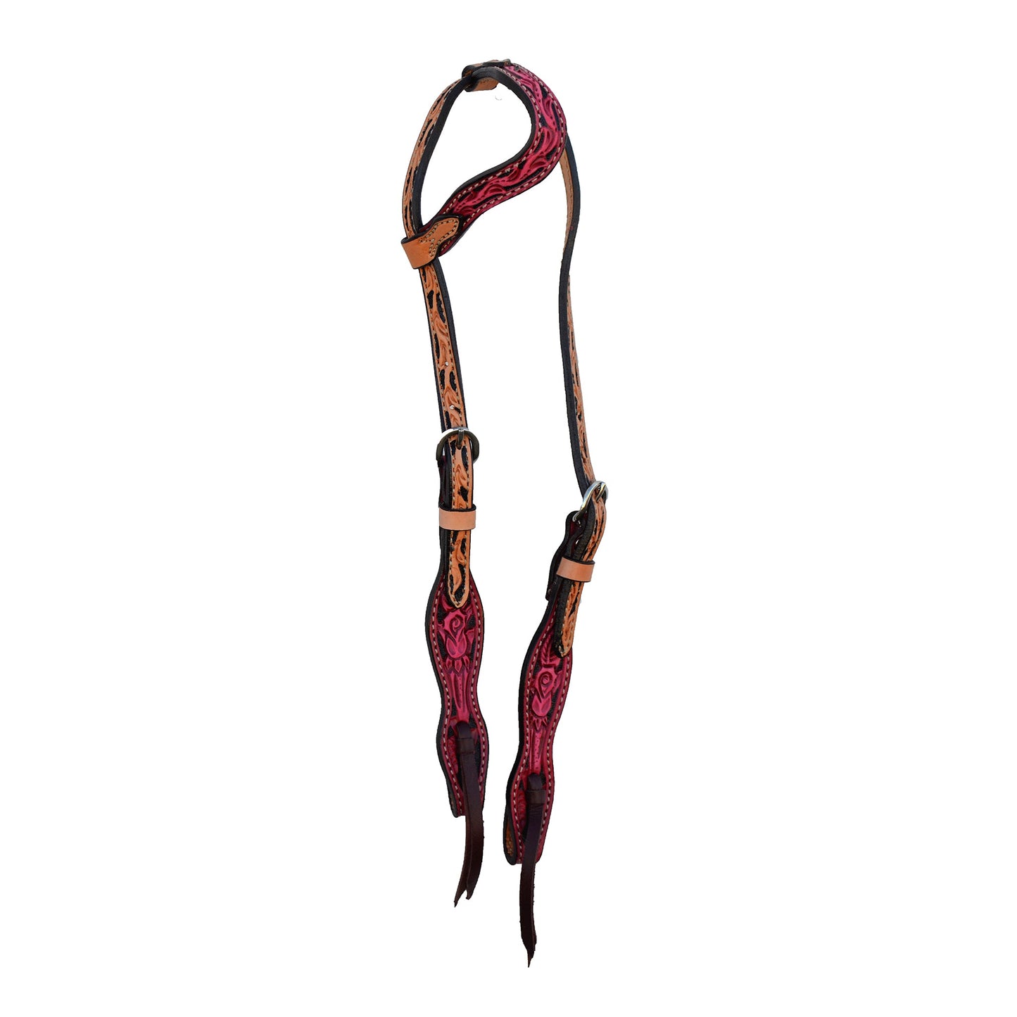 2074-RP 5/8" Wave one ear headstall dirty pink and golden leather rose tooling with background paint