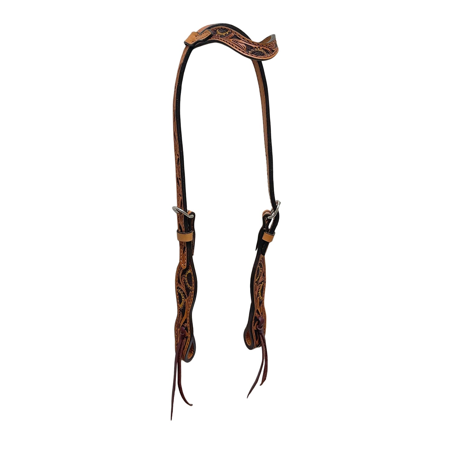 2074-SUN 5/8" Wave one ear headstall golden leather sunflower tooling with background paint