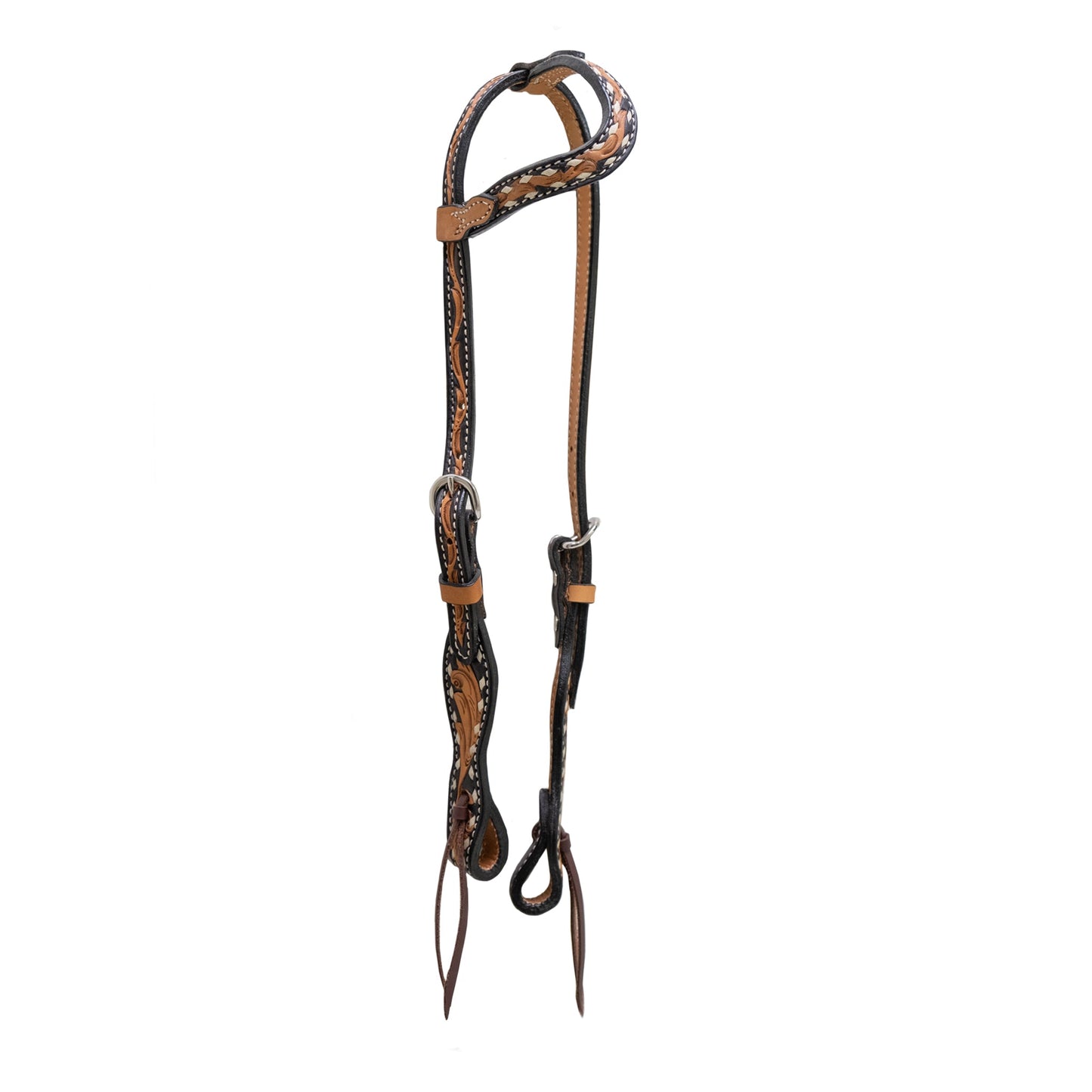 2074-SUNRISE 5/8" Wave one ear headstall golden leather sunrise tooling paint to the edge with rawhide buckstitch