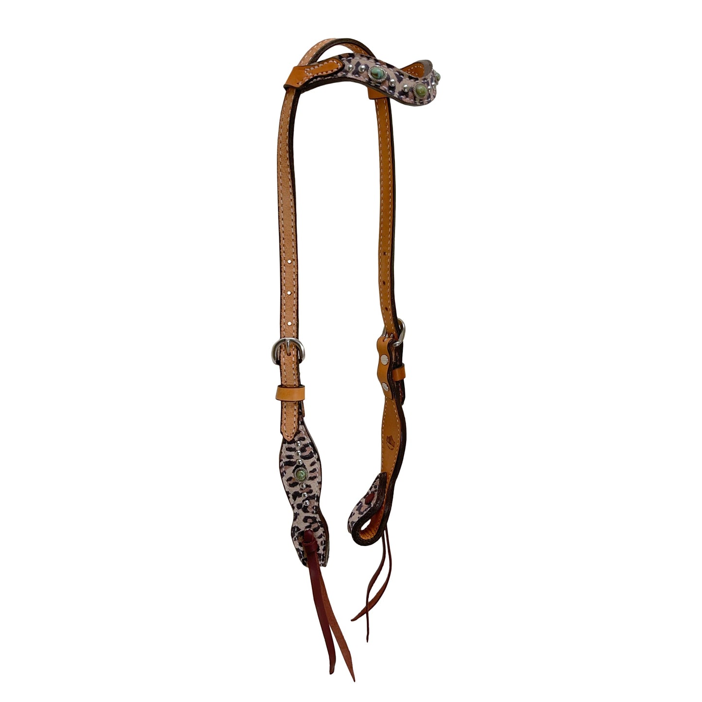 2074-CHEETAH 5/8" Wave one ear headstall rough out golden leather cheetah overlay with stones and spots
