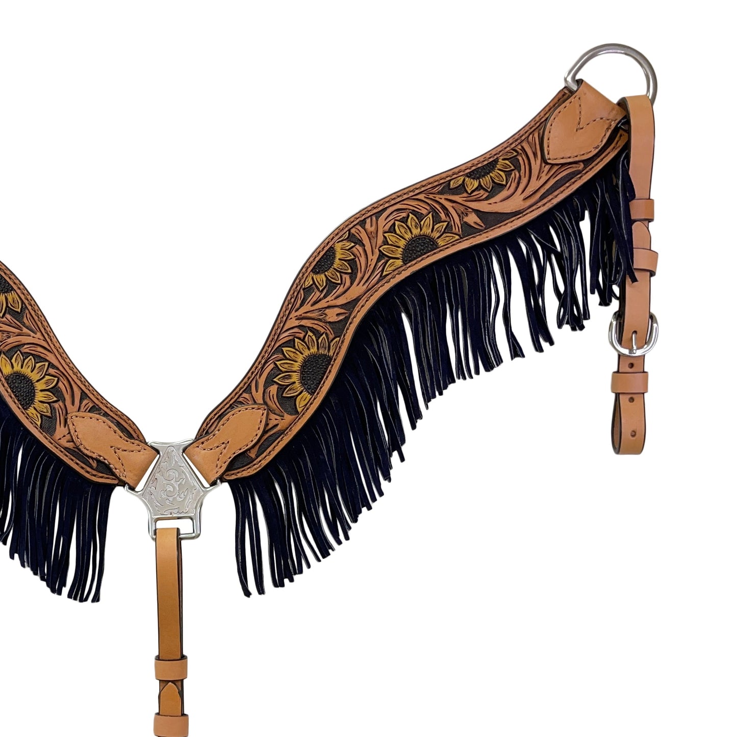 3F17-SUN 2-1/2" Wave breast collar golden leather sunflower tooling with background paint and fringe