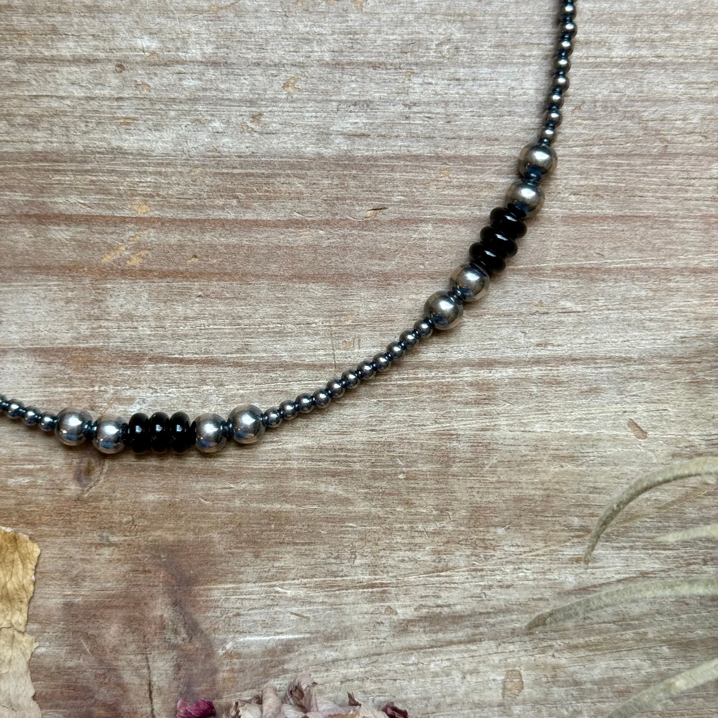 Sterling Silver Pearl & Black Onyx Necklace โ 15" Plus Extender