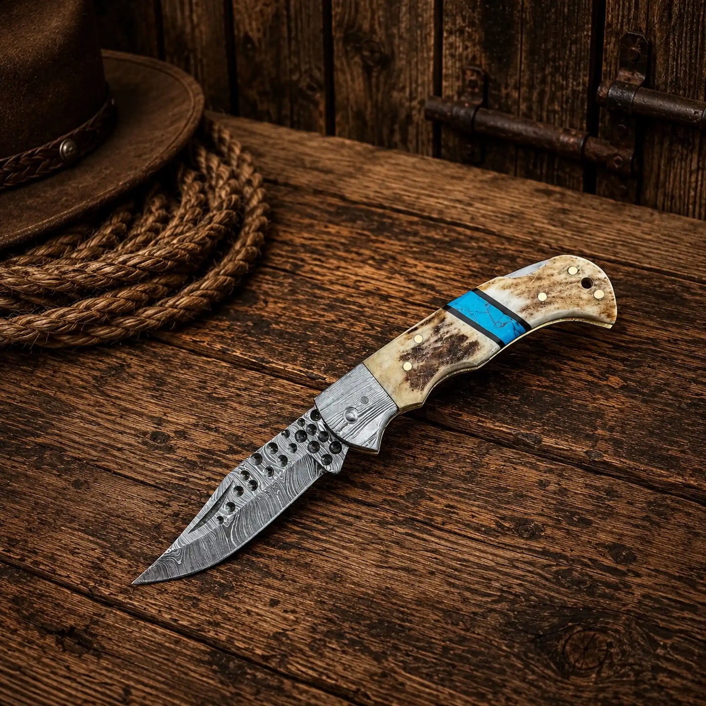 Cowboy Damascus Steel Folding Pocket Knife โ Antler & Turquoise Handle
