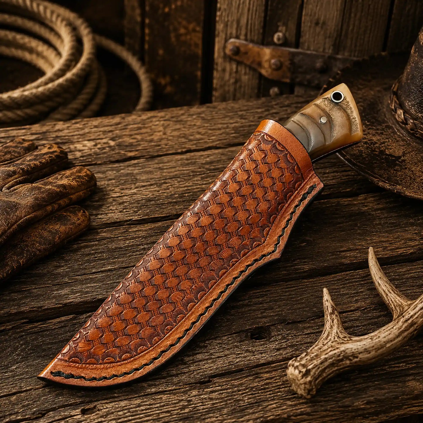 Copper Damascus Hunting Knife โ Ram Horn Handle Ranch Belt Carry