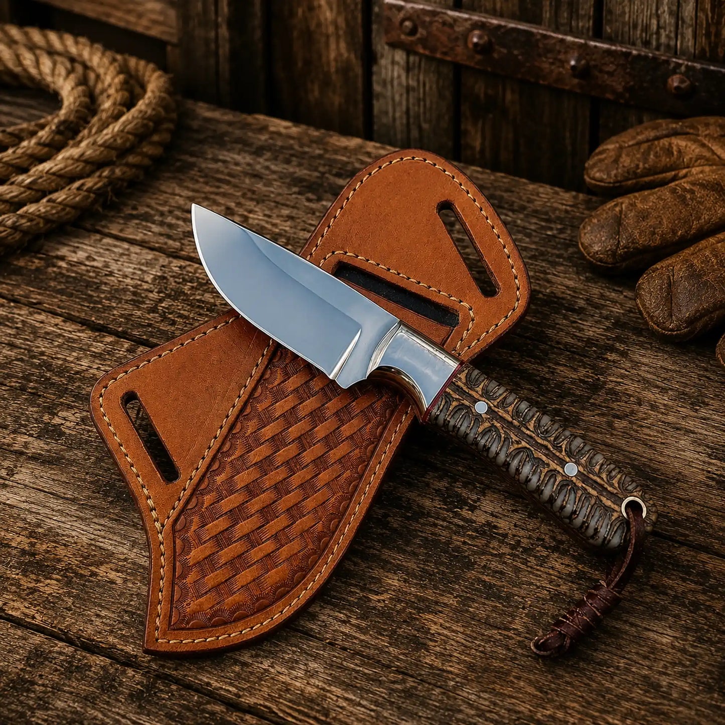 Traditional Cowboy Hunting Knife โ D2 Steel with Pinecone Resin Handle
