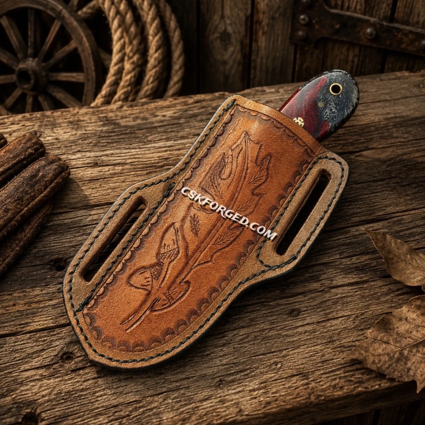 Copper Damascus Ranch Belt Knife โ Epoxy Resin Handle & Sheath