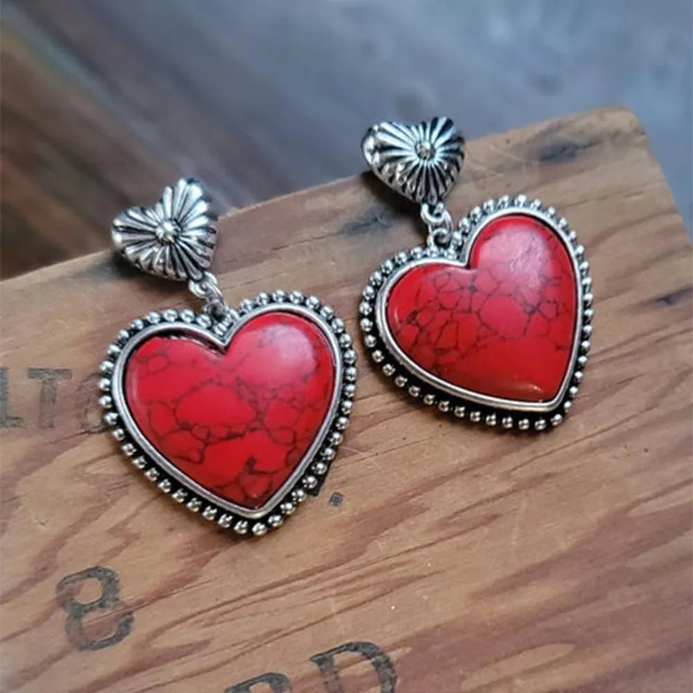 Turquoise Alloy Heart Dangle Earrings - 2 Styles