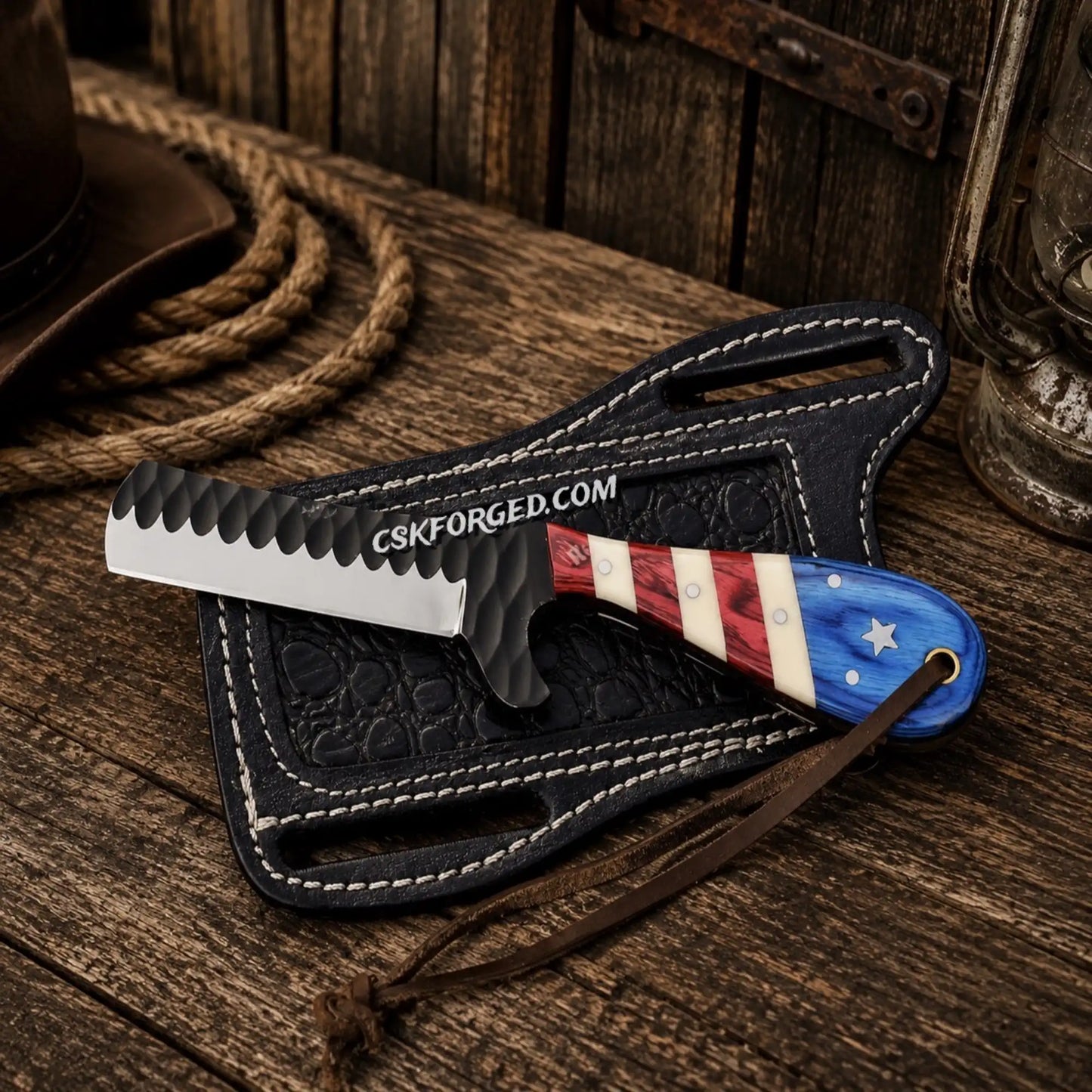 Handcrafted Bull Cutter Knife โ 1095 Powder Coated Blade Texas Flag Handle