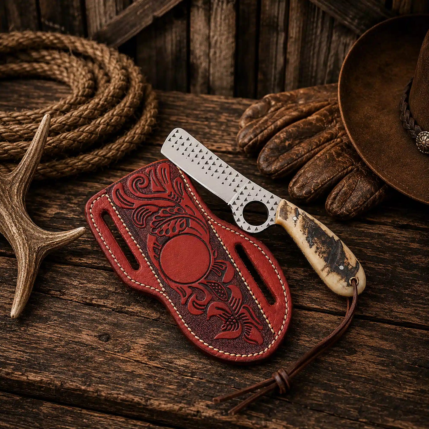 Handcrafted Ranch Bull Cutter Knife โ 4.5" D2 Rasp Steel Blade & Ram Horn Handle