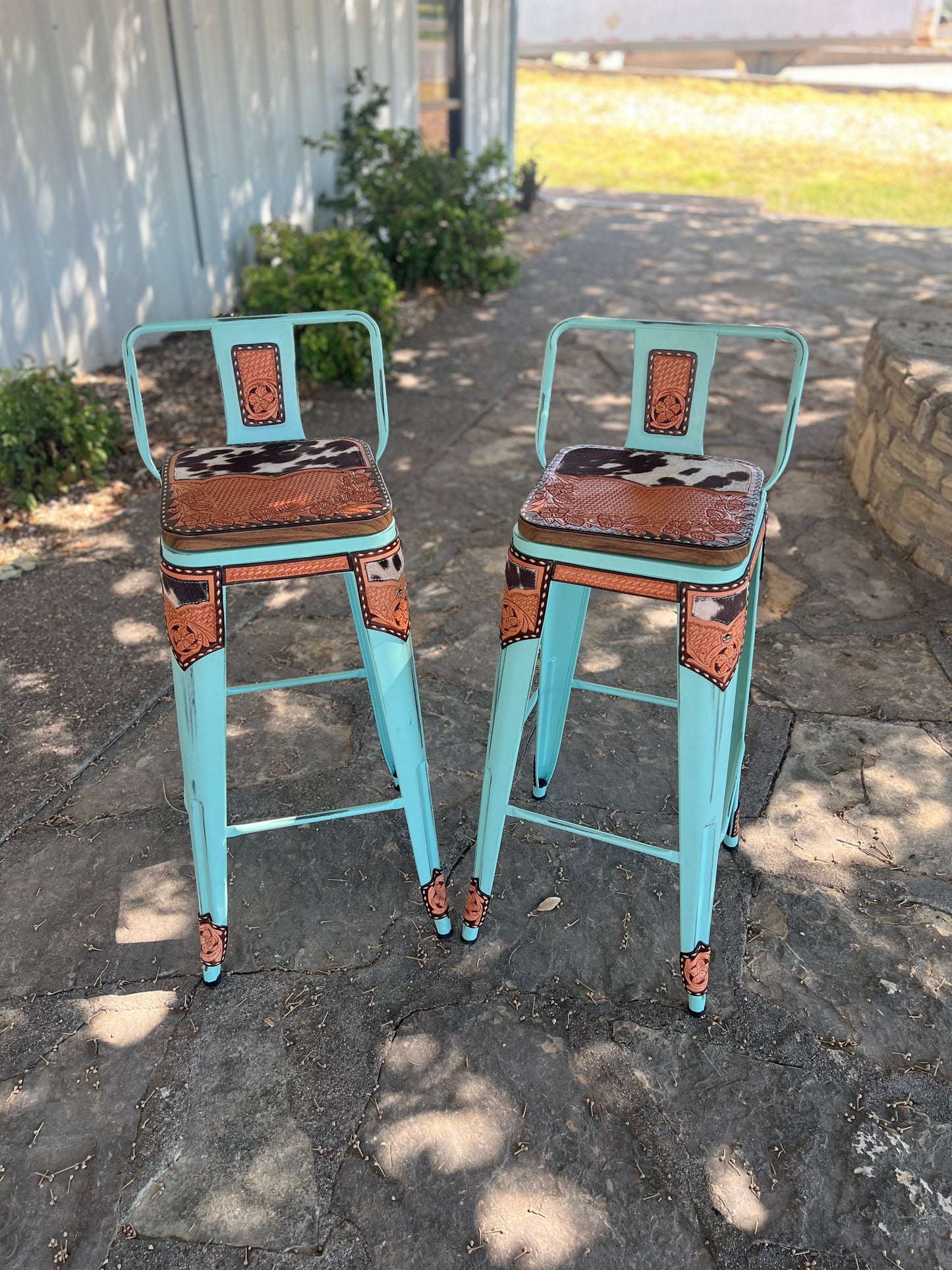 (STOCK!) SET OF 2 TURQUOISE SWIVEL BAR STOOLS WITH COW SUEDE INLAY