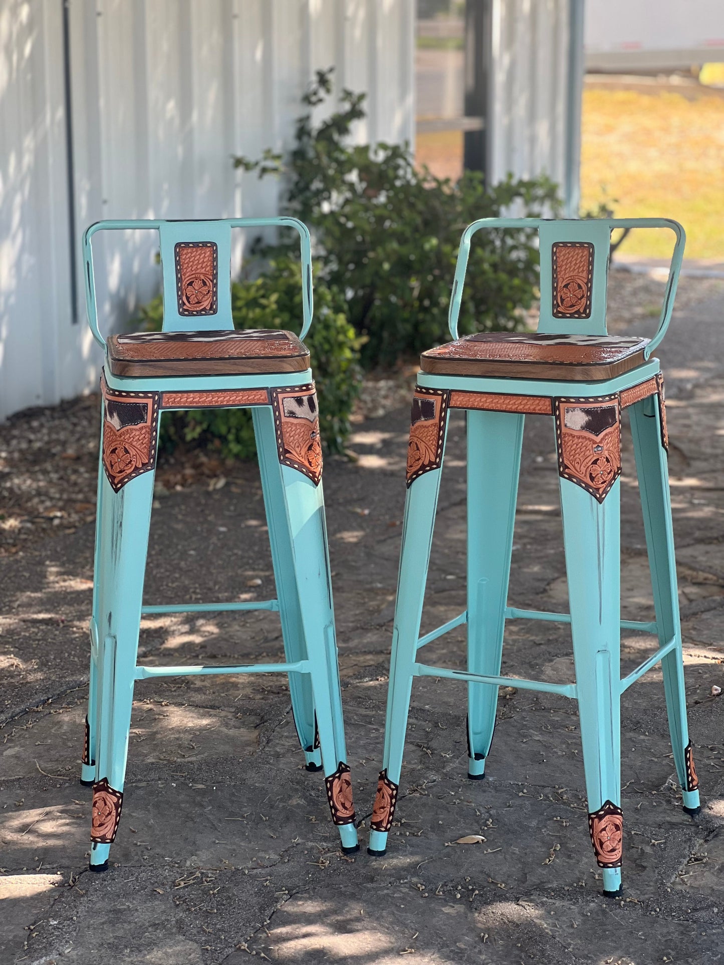 (STOCK!) SET OF 2 TURQUOISE SWIVEL BAR STOOLS WITH COW SUEDE INLAY
