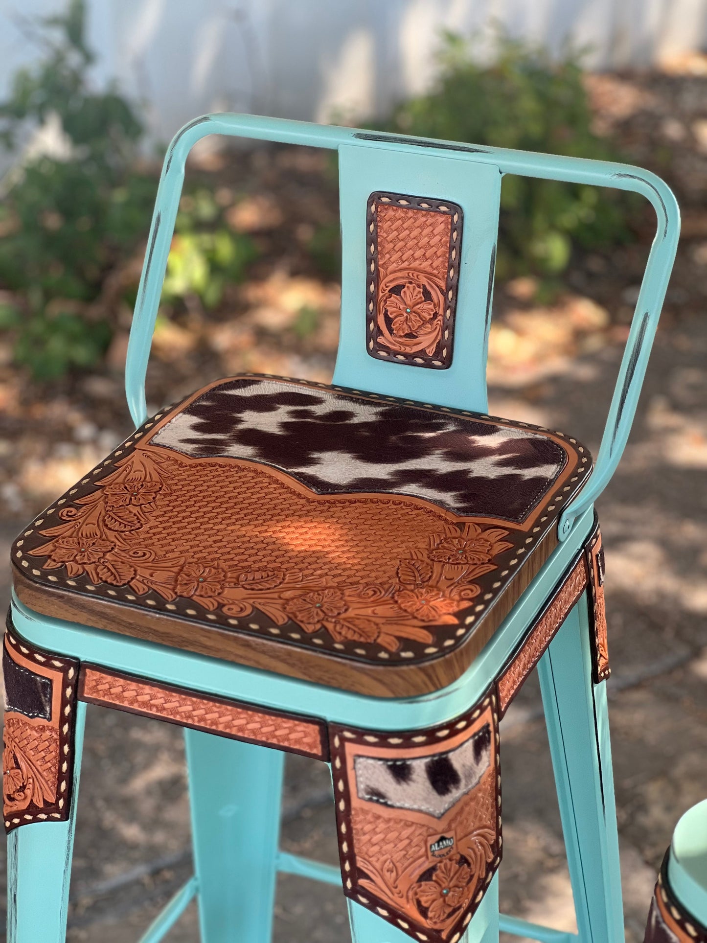 (STOCK!) SET OF 2 TURQUOISE SWIVEL BAR STOOLS WITH COW SUEDE INLAY