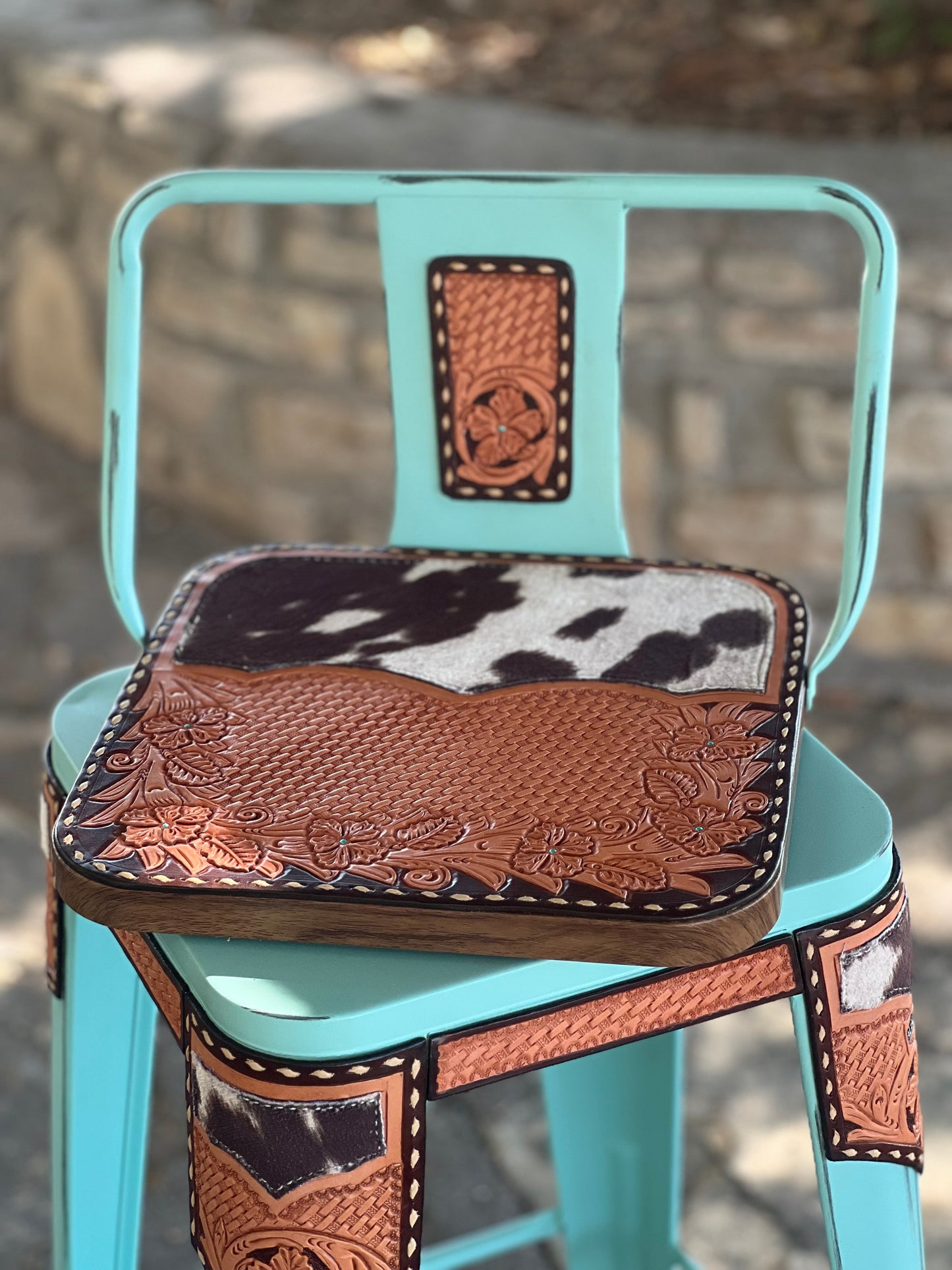 (STOCK!) SET OF 2 TURQUOISE SWIVEL BAR STOOLS WITH COW SUEDE INLAY