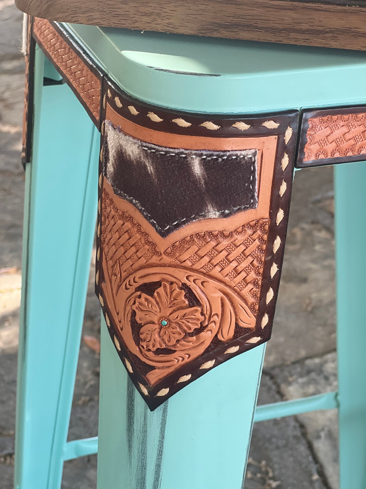 (STOCK!) SET OF 2 TURQUOISE SWIVEL BAR STOOLS WITH COW SUEDE INLAY