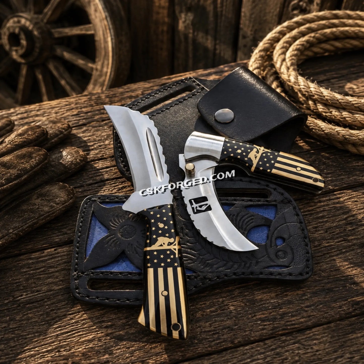 Lineman Knife Set โ D2 Steel Hawkbill & Folding Flag Handle