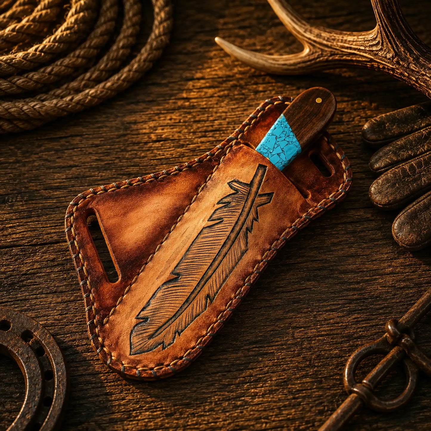 Horse Riding Bull Cutter Knife โ 4" Forged Rasp Steel with Turquoise & Rosewood Handle
