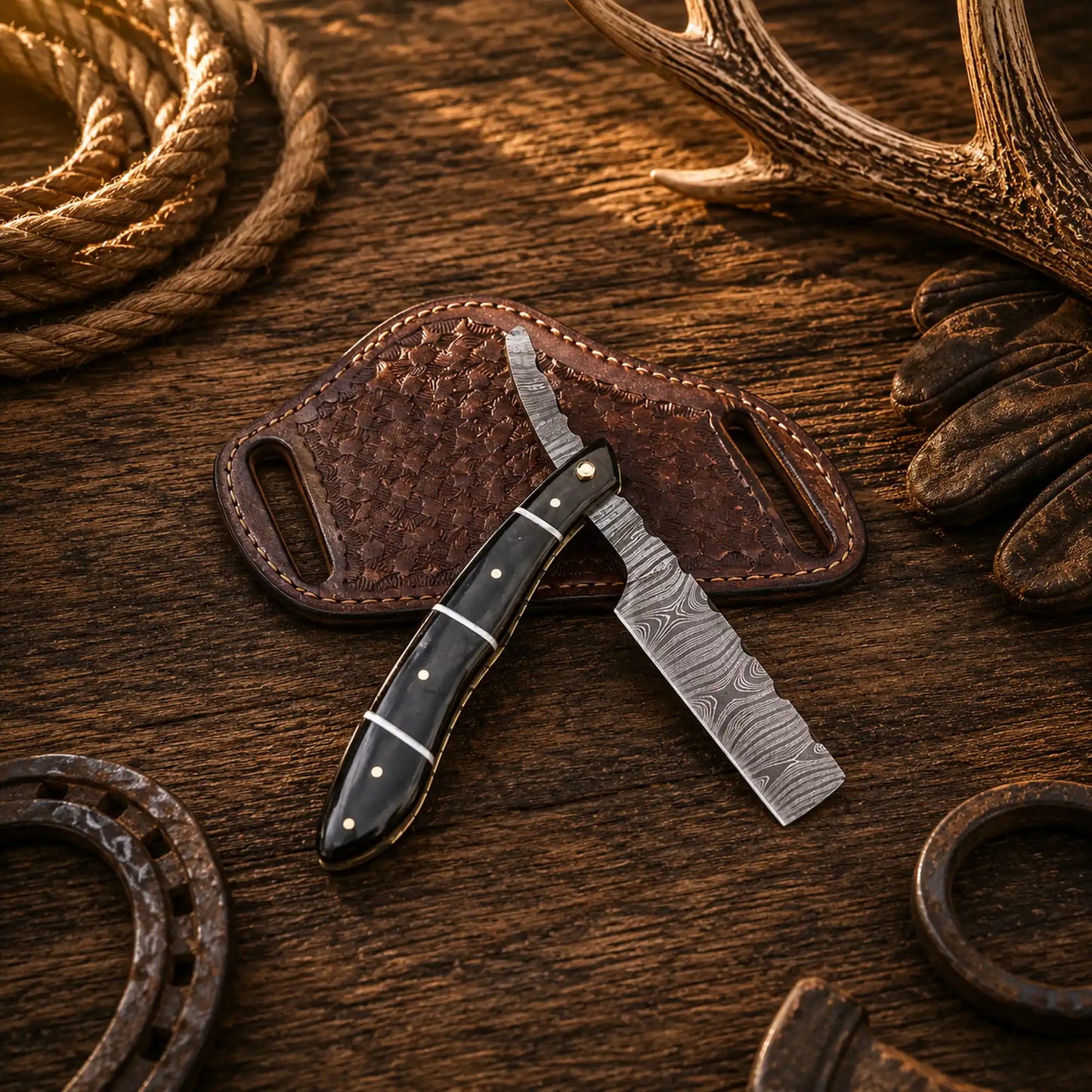Handmade Damascus Steel Straight Razor Folding Knife โ Buffalo Horn Handle