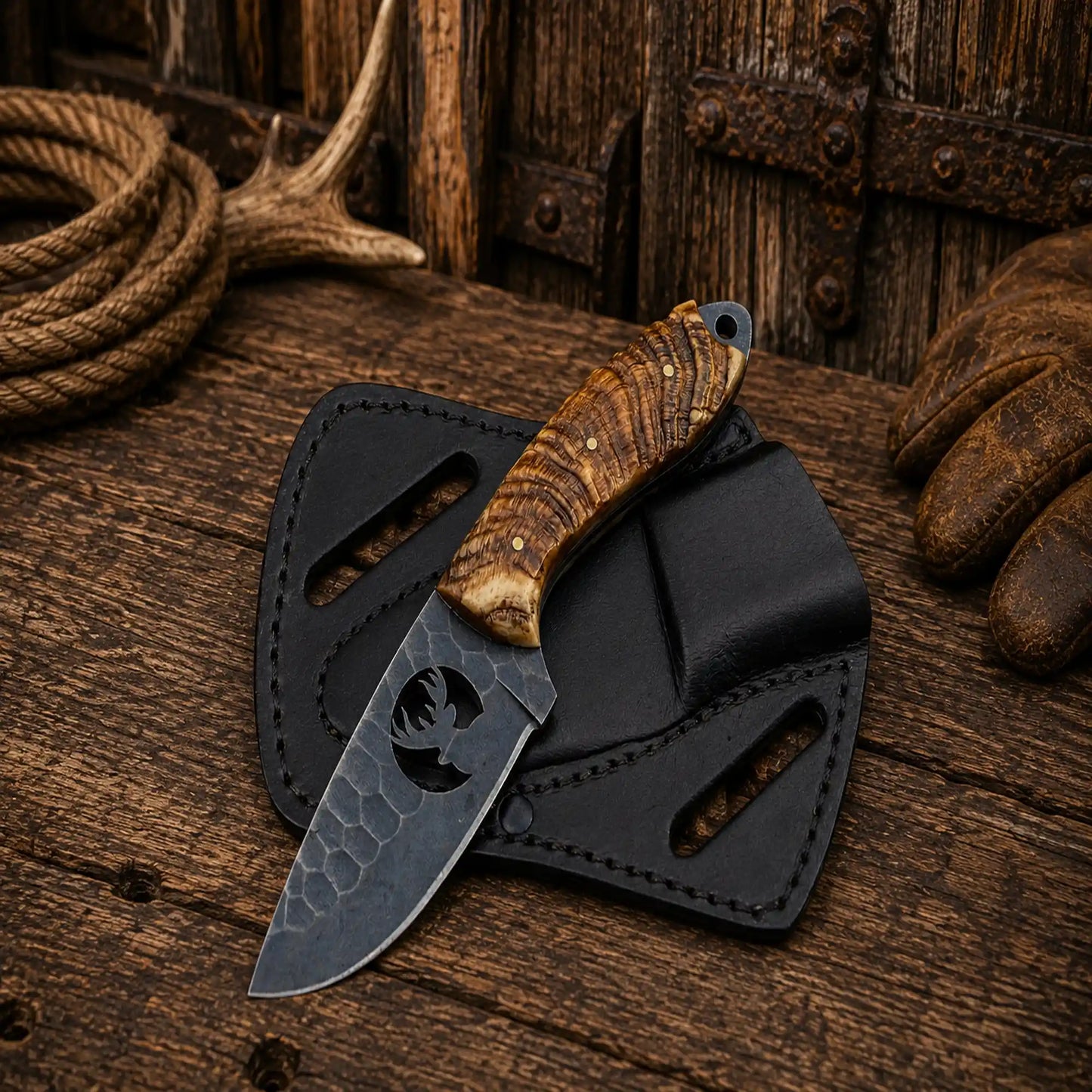 Ranch Cowboy Skinning Knife โ Acid Wash D2 Steel Ram Horn Handle