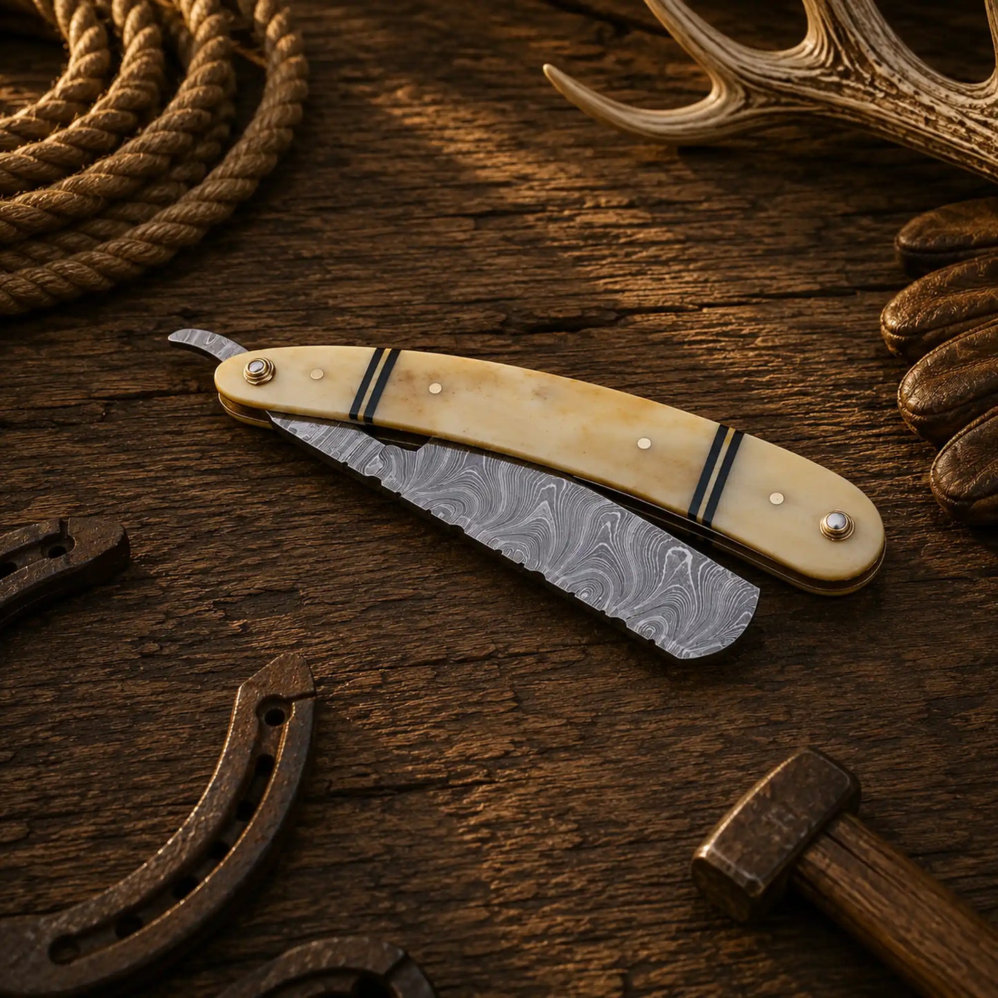 Handmade Damascus Steel Straight Razor โ Bone Handle Barber Razor