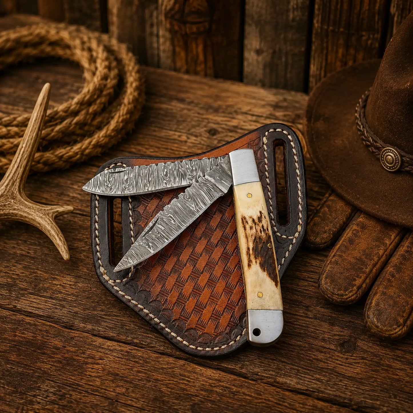Trapper Pocket Knife โ Damascus Two Blade Folding Knife with Antler Horn Handle
