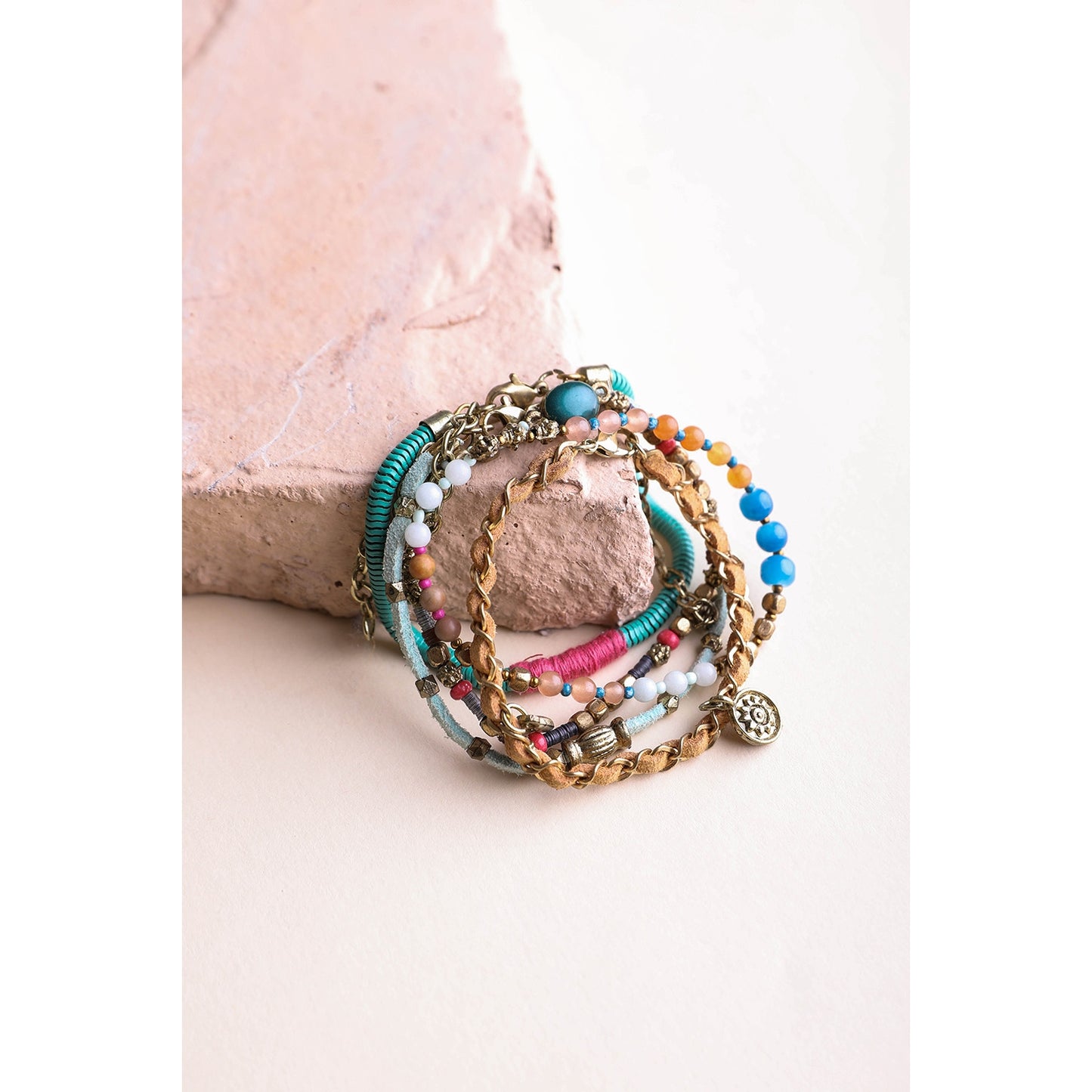 Teal Mixed Bead Gold Stacked Bracelet Boho