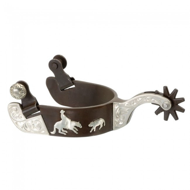 Black Steel Ladies Bumper Spurs with Engraved Floral Silver Overlay