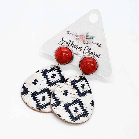 2" Red Turquoise and White Aztec Dangle Corkies Earrings - 2"