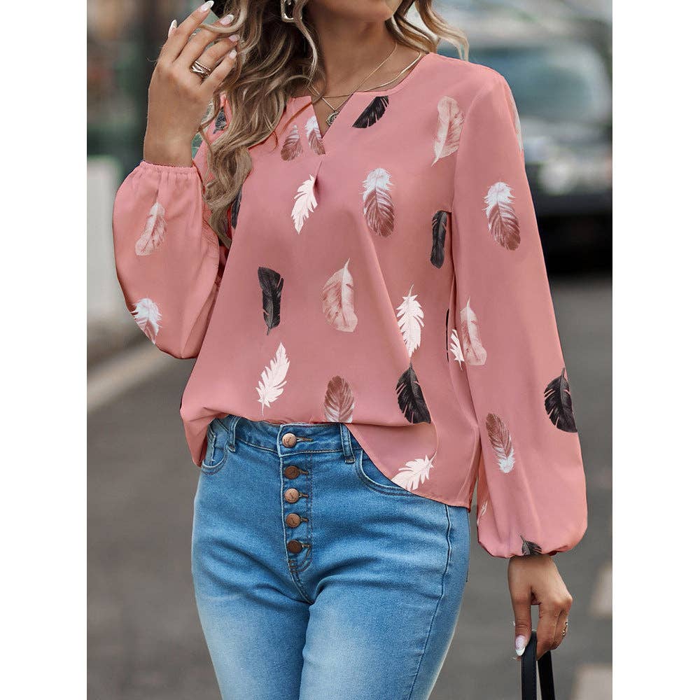 Women's Feather Print V-Neck Long Sleeve Blouse