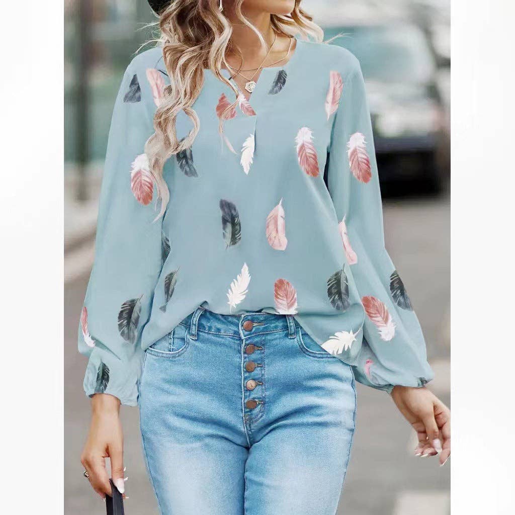 Women's Feather Print V-Neck Long Sleeve Blouse