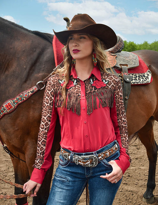 Cowgirl Tuff Pullover Button Up - Red Lightweight Breathe with Sheer Leopard Accents, Rose Patches, and Fringe