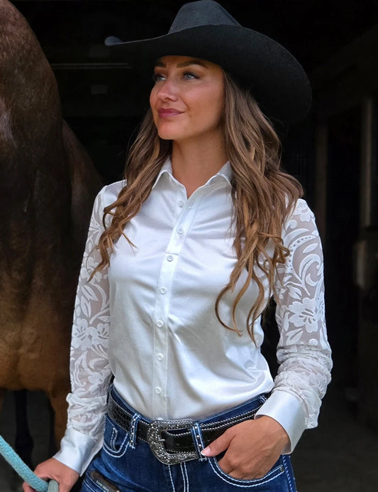 Cowgirl Tuff Ladies White Satin Pullover Button Up with Velvet Floral Sleeves