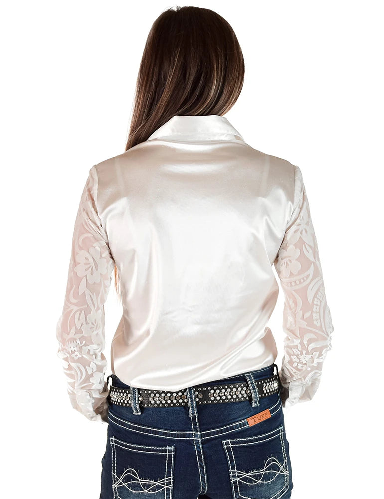 Cowgirl Tuff Ladies White Satin Pullover Button Up with Velvet Floral Sleeves
