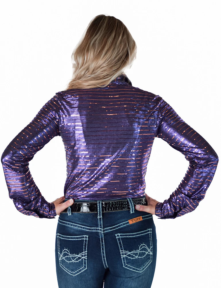 Cowgirl Tuff Ladies Purple Shimmer with Copper Sequins Pullover Button Up