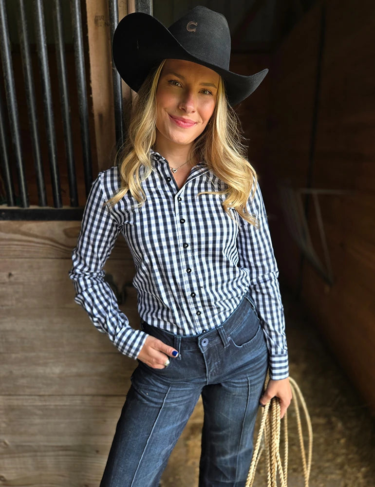 Cowgirl Tuff Ladies Navy Structured Plaid Pullover Button Up