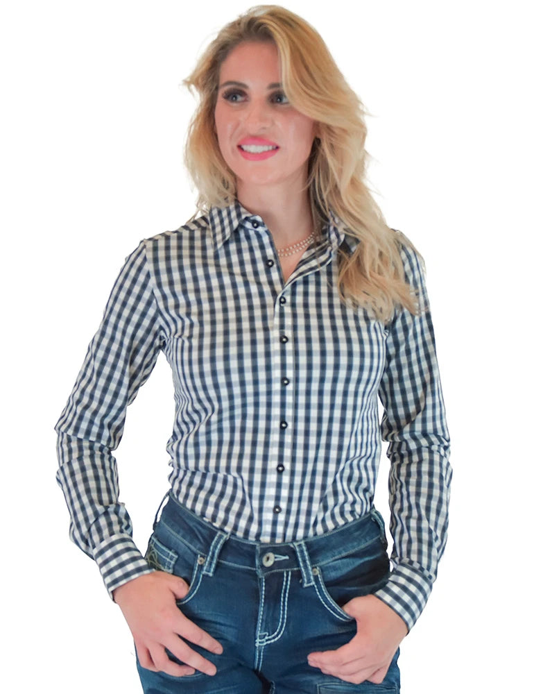 Cowgirl Tuff Ladies Navy Structured Plaid Pullover Button Up